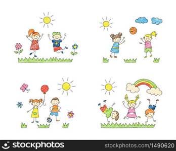 Happy children play on the grass. Cute doodle kids, boys and girls. A set of color isolated scenes. Hand drawn vector illustration on white background. Happy children play on the grass. Cute doodle kids, boys and girls.