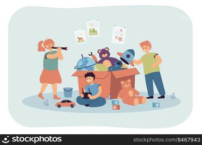 Happy children playing near box full of toys. Flat vector illustration. Friends having fun, girl playing pipe, boys with radio-controlled toy car, space rocket. Playtime, preschool, childhood concept