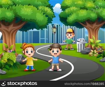 Happy children playing on city park roads