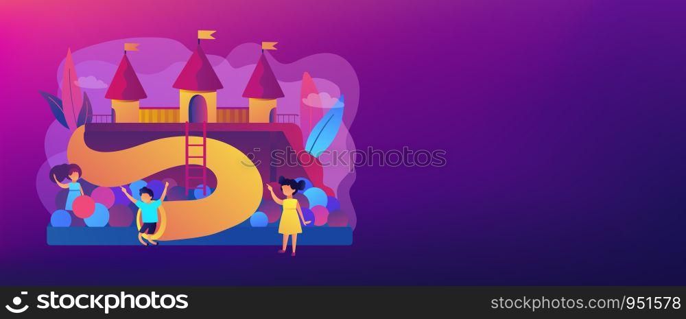 Happy children playing outdoors on playground with slides, balls and tubes, tiny people. Kids playground, kids zone, playground for rent concept. Header or footer banner template with copy space.. Kids playground concept banner header.