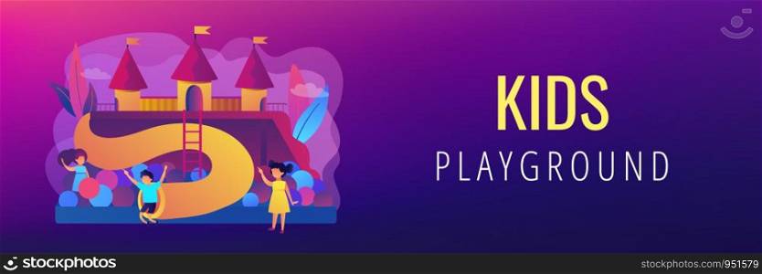 Happy children playing outdoors on playground with slides, balls and tubes, tiny people. Kids playground, kids zone, playground for rent concept. Header or footer banner template with copy space.. Kids playground concept banner header.