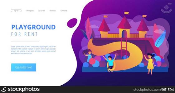 Happy children playing outdoors on playground with slides, balls and tubes, tiny people. Kids playground, kids zone, playground for rent concept. Website homepage landing web page template.. Kids playground concept landing page.