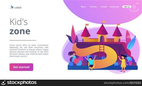 Happy children playing outdoors on playground with slides, balls and tubes, tiny people. Kids playground, kids zone, playground for rent concept. Website homepage landing web page template.. Kids playground concept landing page.