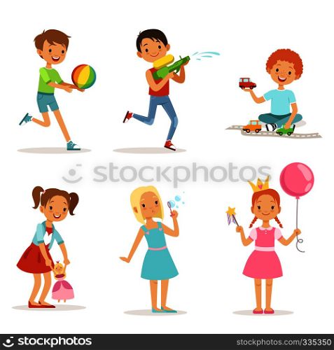 Happy children playing with funny toys on playground. Vector illustrations isolated. Child happy and funny, magic wand and princess with crown. Happy children playing with funny toys on playground. Vector illustrations isolated