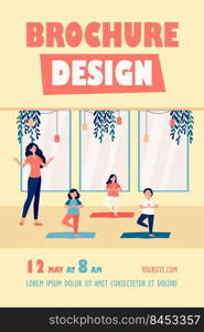 Happy children practicing yoga in class with teacher, standing on mat in tree pose and smiling. Vector illustration for kids in fitness club, activity, active lifestyle concept