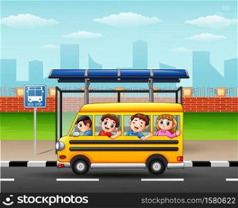 Happy children riding by school bus