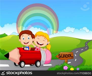 Happy children riding pencil car
