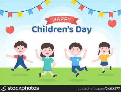 Happy Children&rsquo;s Day Celebration With Boys and Girls Playing in Cartoon Characters Background Illustration Suitable for Greeting Cards or Posters