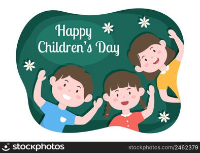 Happy Children&rsquo;s Day Celebration With Boys and Girls Playing in Cartoon Characters Background Illustration Suitable for Greeting Cards or Posters
