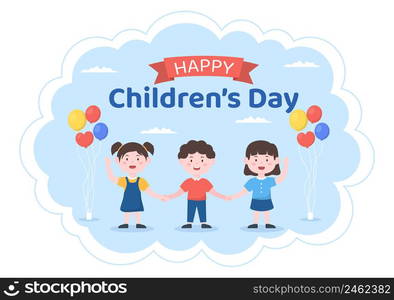 Happy Children&rsquo;s Day Celebration With Boys and Girls Playing in Cartoon Characters Background Illustration Suitable for Greeting Cards or Posters