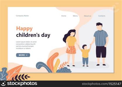 Happy children&rsquo;s day landing page template. Cute kids holding hands. Teens and small kid. Web poster background. Trendy vector illustration