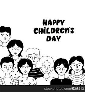 Happy Children's day poster with boys and girls. Vector hand drawn illustration. Doodle style.