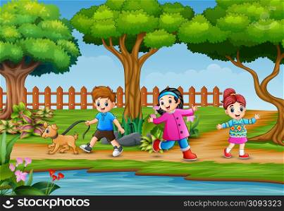 Happy children running around in beautiful nature