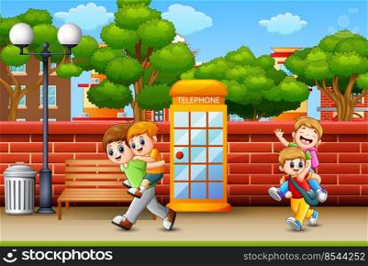 Happy children running at the sidewalk 