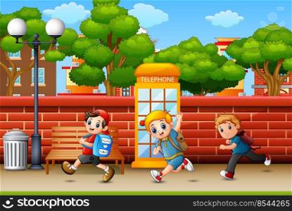 Happy children running at the sidewalk 