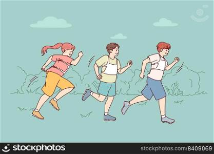 Happy children running outdoors on marathon. Smiling kids jog participate in run competition. Sport challenge concept. Vector illustration. . Happy kids running marathon outdoors