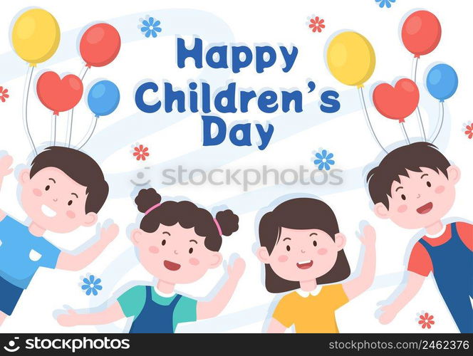 Happy Children’s Day Celebration With Boys and Girls Playing in Cartoon Characters Background Illustration Suitable for Greeting Cards or Posters