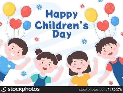 Happy Children’s Day Celebration With Boys and Girls Playing in Cartoon Characters Background Illustration Suitable for Greeting Cards or Posters
