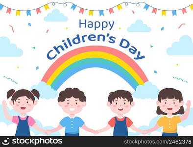 Happy Children’s Day Celebration With Boys and Girls Playing in Cartoon Characters Background Illustration Suitable for Greeting Cards or Posters