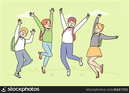 Happy children with backpacks jumping having fun outdoors. Smiling kids enjoy school vacation. Childhood leisure concept. Vector illustration.. Smiling children with backpack jumping