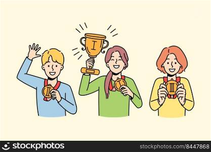 Happy children with medals on school competition on contest. Smiling kids with prizes celebrate win in ch&ionship. Vector illustration.. Happy kids with medals celebrate success in competition