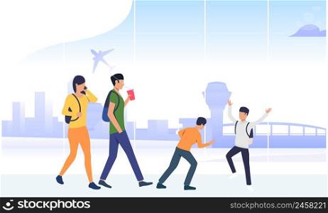 Happy children with parents waiting boarding in airport. Passengers, tourists, terminal. Family travelling concept. Vector illustration can be used for topics like vacation, airlines, flight