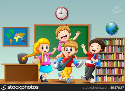 Happy childrens cartoon in a classroom