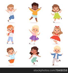 Happy childrens. Cute playing kids in action poses vector boys and girls. Illustration childhood character, child group jump. Happy childrens. Cute playing kids in action poses vector boys and girls