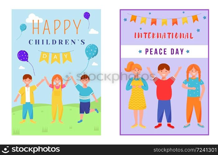 Happy childrens day greeting card flat vector templates set. Kids celebrate international peace day. Boy and girls fest postcard design layout. Poster, banner with cartoon characters and lettering