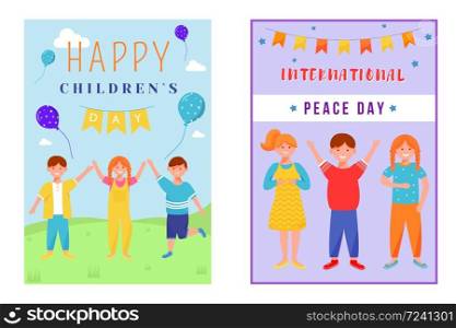 Happy childrens day greeting card flat vector templates set. Kids celebrate international peace day. Boy and girls fest postcard design layout. Poster, banner with cartoon characters and lettering