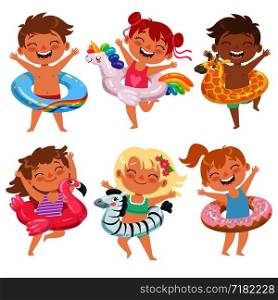 Happy childrens dressed in rubber circles. Playing games in water park. Summer inflatable ring for sea or pool, vector illustration. Happy childrens dressed in rubber circles. Playing games in water park
