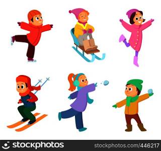 Happy childrens playing in winter games. Cartoon funny characters. Winter game boy and girl play with snow. Vector illustration. Happy childrens playing in winter games. Cartoon funny characters
