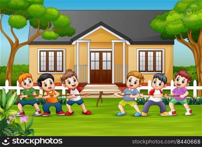 Happy childrens playing tug of war in front a house 