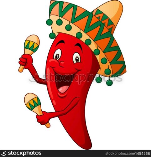 Happy chili cartoon playing maracas