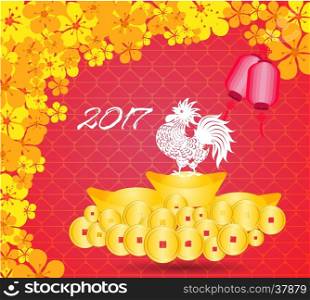 happy Chinese new year 2017 card is Gold coins money, lanterns, plum blossom