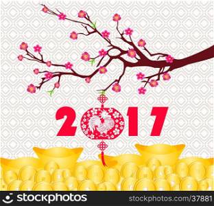 happy Chinese new year 2017 card is Gold coins money, lanterns, plum blossom