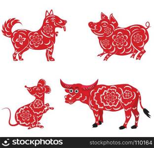 Happy Chinese New Year 2018, 2019, 2020, 2021 . with Dog, Pig, Mouse, Buffalo