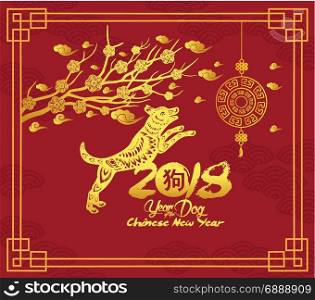 Happy Chinese new year 2018 card with dog, blossom and lantern, Year of the dog (hieroglyph: Dog)