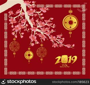 Happy Chinese new year 2019 card. Cherry blossom and gold coin