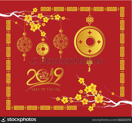 Happy Chinese new year 2019 card, Gold coin, year of the pig
