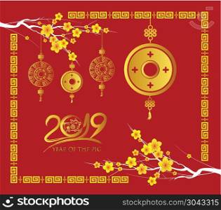 Happy Chinese new year 2019 card, Gold coin, year of the pig