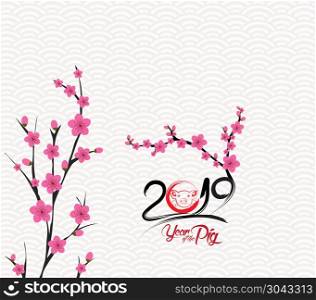 Happy Chinese new year 2019 card is blossom. Year of the pig