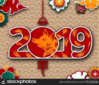 Happy Chinese New Year 2019 Card with Pig, Clouds, Abstract Cut Paper Design - Illustration Vector. Happy Chinese New Year 2019 Card with Pig, Clouds, Abstract Cut Paper Design