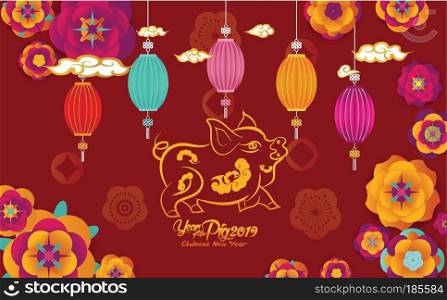 Happy Chinese New Year 2019, paper art flowers and pig design in red and gold, happy pig year