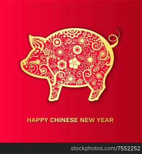 Happy Chinese New Year 2019 symbol of pig piggy vector. Animal zodiac with floral elements, flora and flowers with petals. Piglet animalistic prosperity. Happy Chinese New Year 2019 Symbol of Pig Piggy