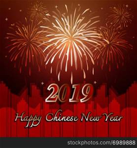 Happy chinese new year 2019 with firework background, stock vector