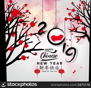 Happy Chinese New Year 2019, Year of the Pig. Lunar new year. Chinese characters mean Happy New Year