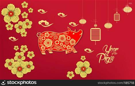 Happy Chinese New Year 2019 year of the pig paper cut style. Zodiac sign for greetings card, flyers, invitation, posters, brochure, banners, calendar 