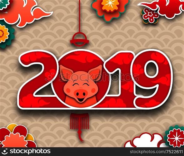 Happy Chinese New Year 2019 Zodiac Sign Pig, Traditional Asian Background - Illustration Vector. Happy Chinese New Year 2019 Zodiac Sign Pig, Traditional Asian Background