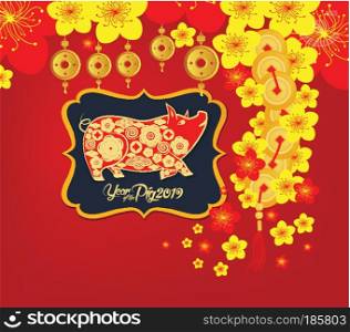 Happy chinese new year 2019 Zodiac sign with gold paper cut art and craft style on color Background